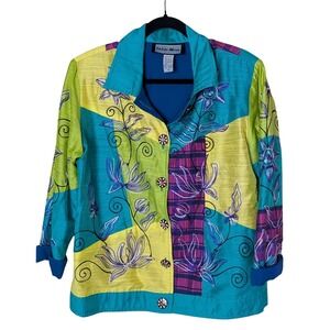 Vintage Indigo Moon Embroidered Jacket Size Small Colorblock‎ Floral 90s *Flaw*